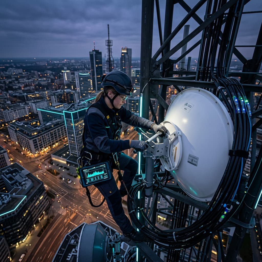 Ingeniero en telecomunicaciones alineando plato microondas