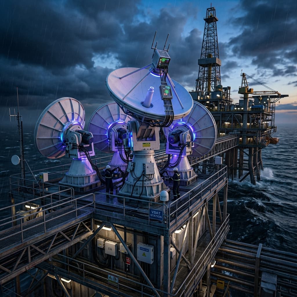 Arreglo de internet satelital VSAT en plataforma marina