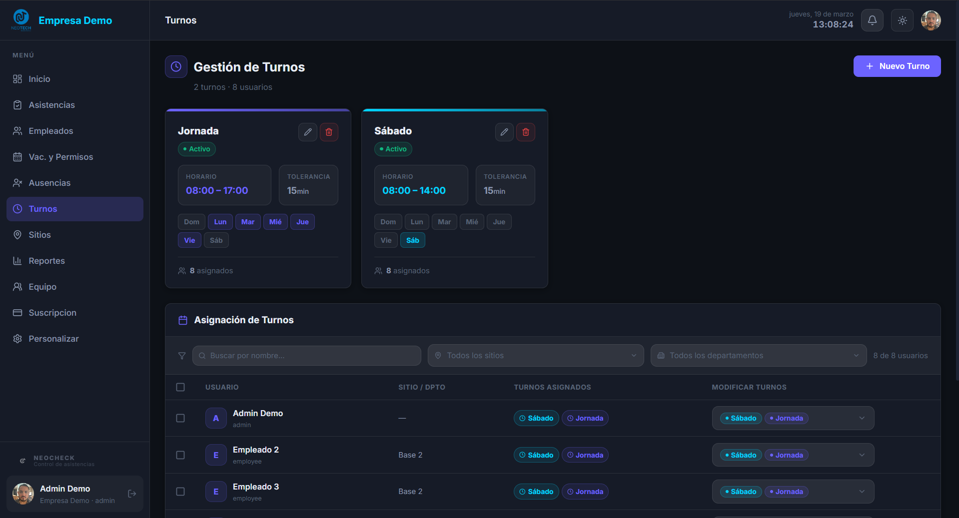 Configuración de Turnos