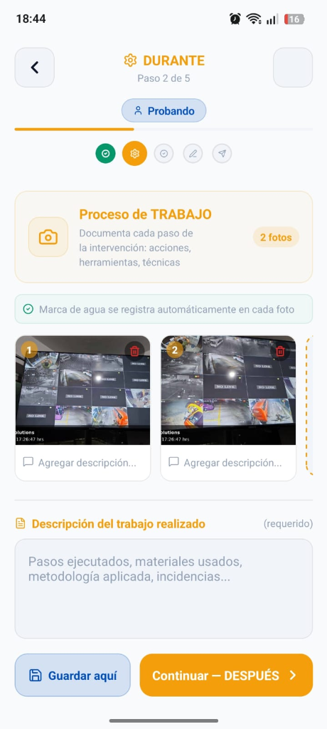 Captura de evidencia en la app