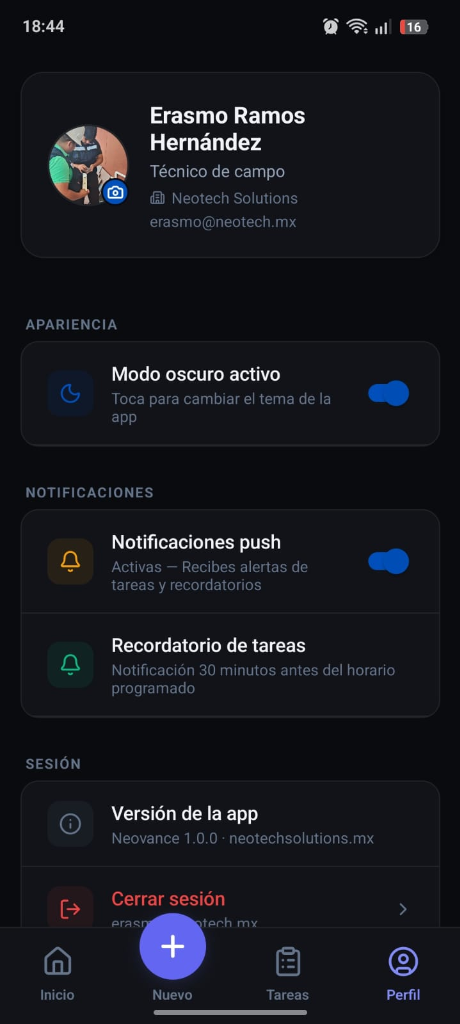 Neovance App - Perfil y Configuración